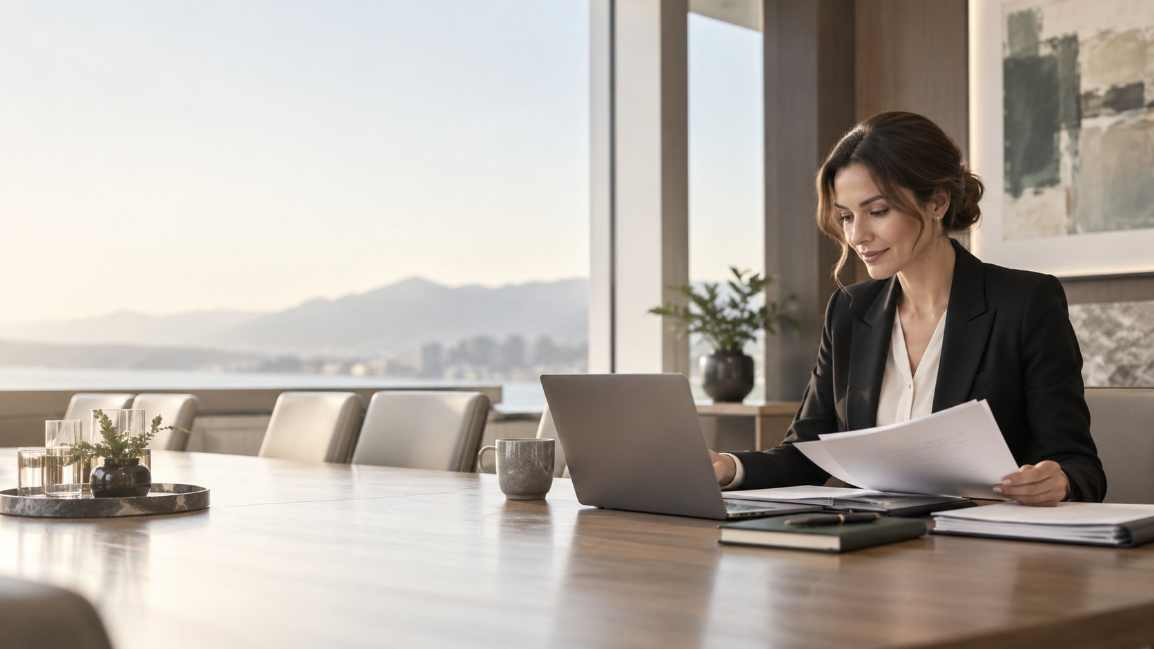 Professional governance administrator working in a modern boardroom