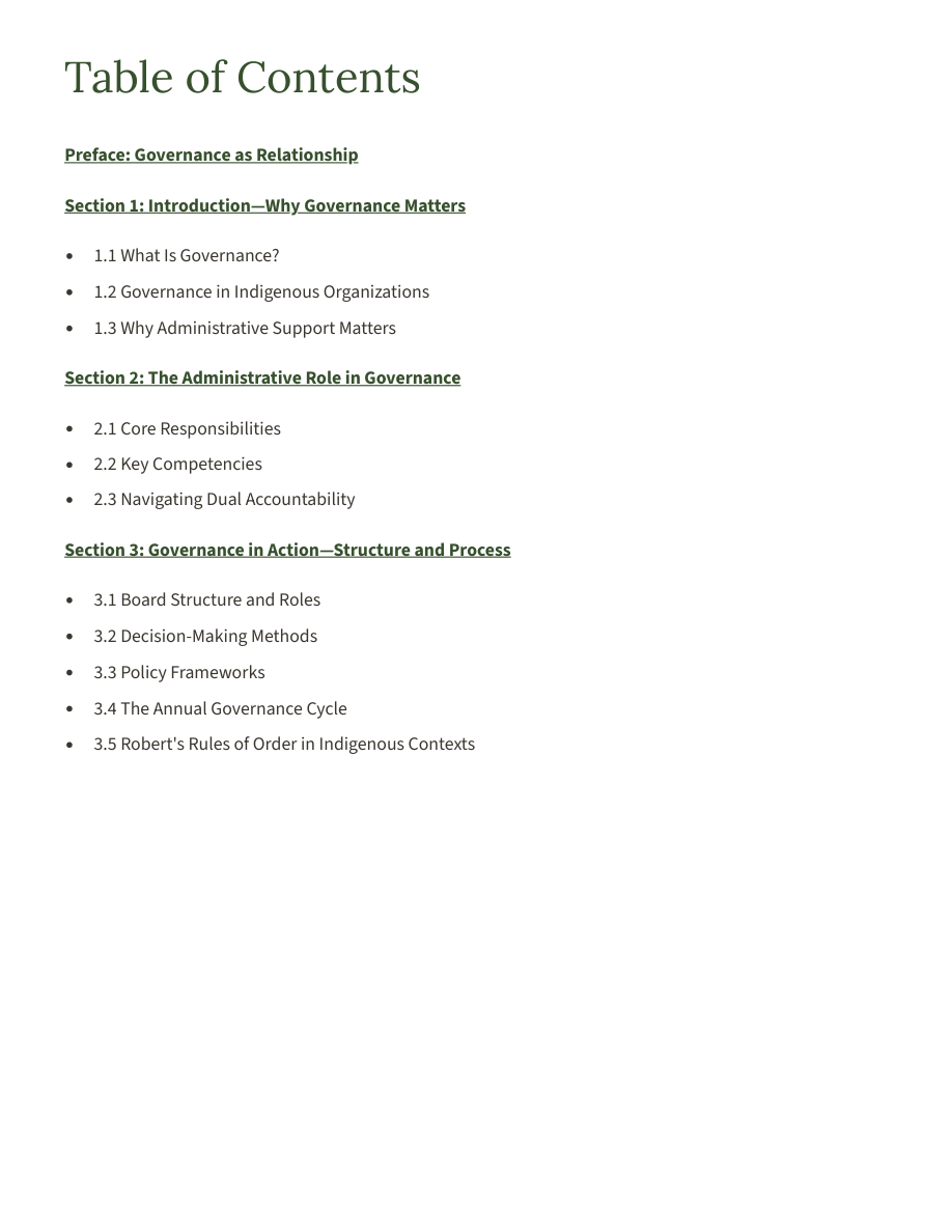 Actual handbook PDF page 11 — governance foundations, administrative responsibilities and Board processes