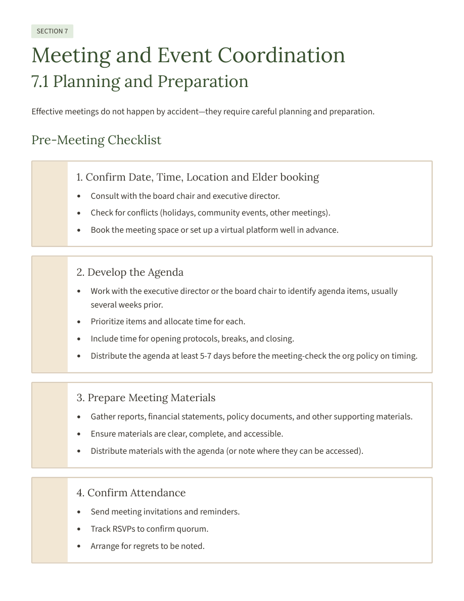 Actual handbook PDF page 44 — pre-meeting checklist for dates, agendas, materials and attendance