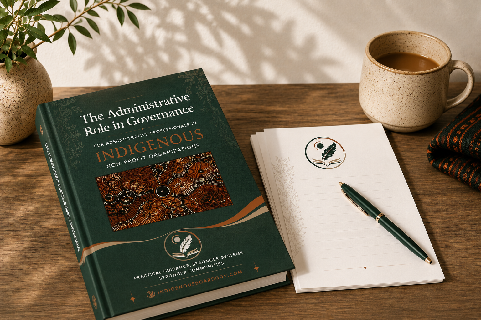The Administrative Role in Governance for Indigenous Non-Profit Organizations handbook shown on a desk with notebook and pen
