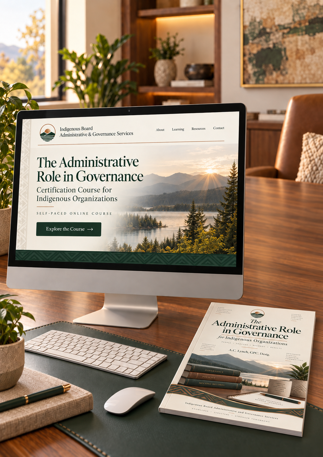 The self-directed governance administration course shown on a desktop screen alongside the accompanying handbook.
