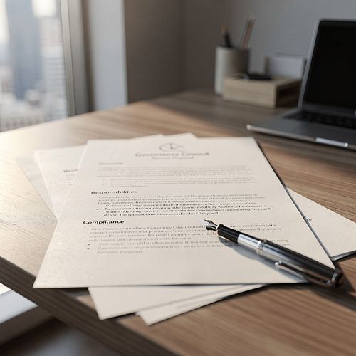 Governance documents and a pen resting on a desk