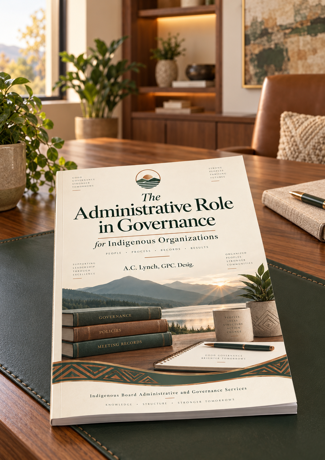 The Administrative Role in Governance for Indigenous Organizations handbook shown on a desk with notebook and pen