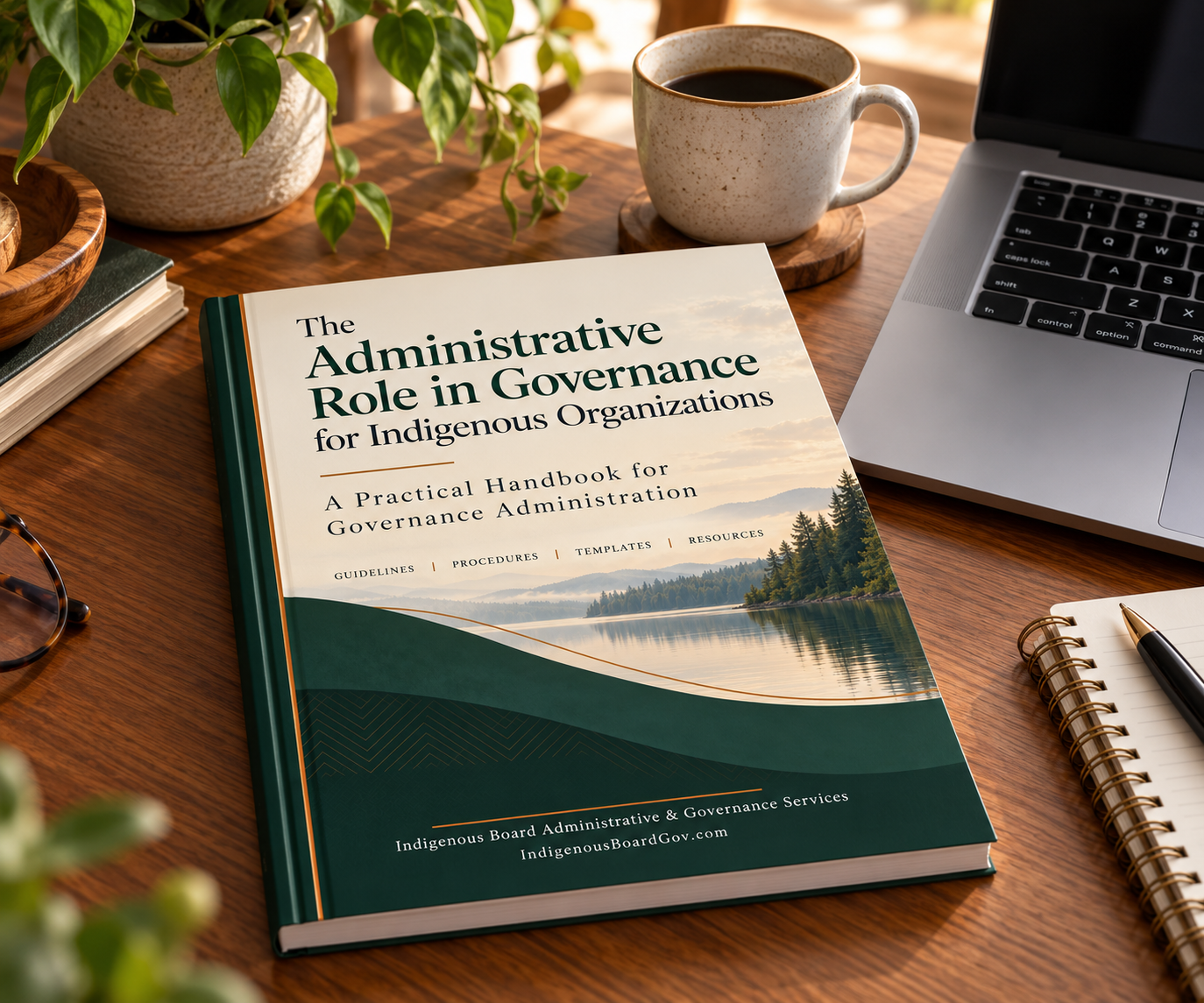 The Administrative Role in Governance for Indigenous Organizations handbook on a warm wooden desk beside a laptop and coffee.