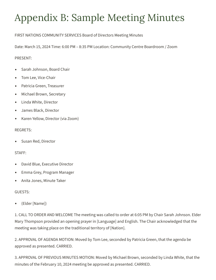 Actual handbook PDF page 58 — Appendix B sample meeting minutes, attendance and recorded motions