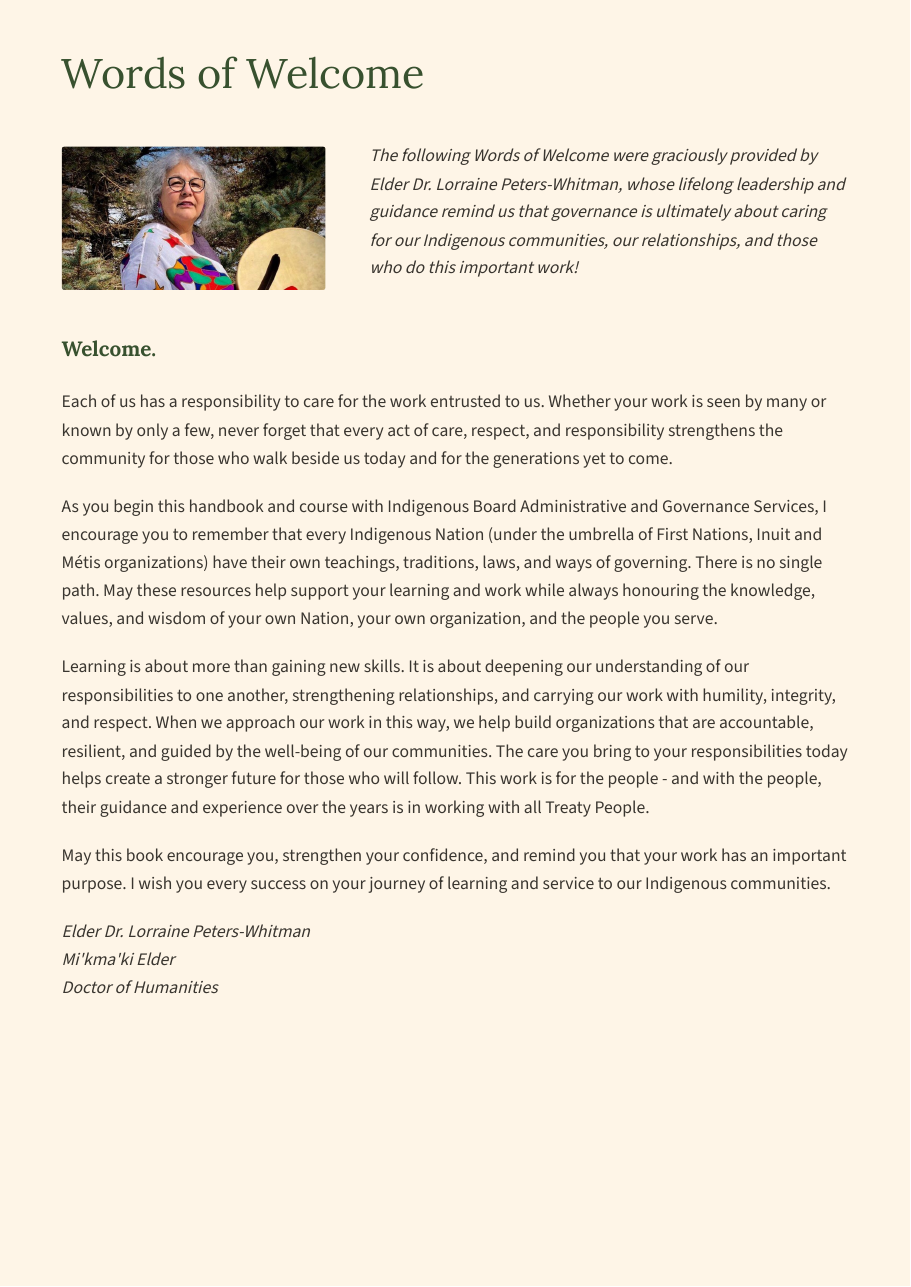 Words of Welcome from Elder Dr. Lorraine Peters-Whitman