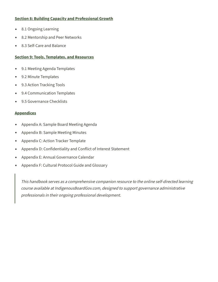 Actual handbook PDF page 13 — professional growth, tools, templates and appendices