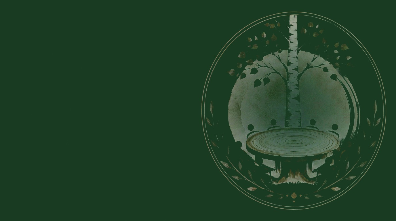 The Around the Birchtable emblem — birch trees and a round table inside a gold ring — on a deep forest green background