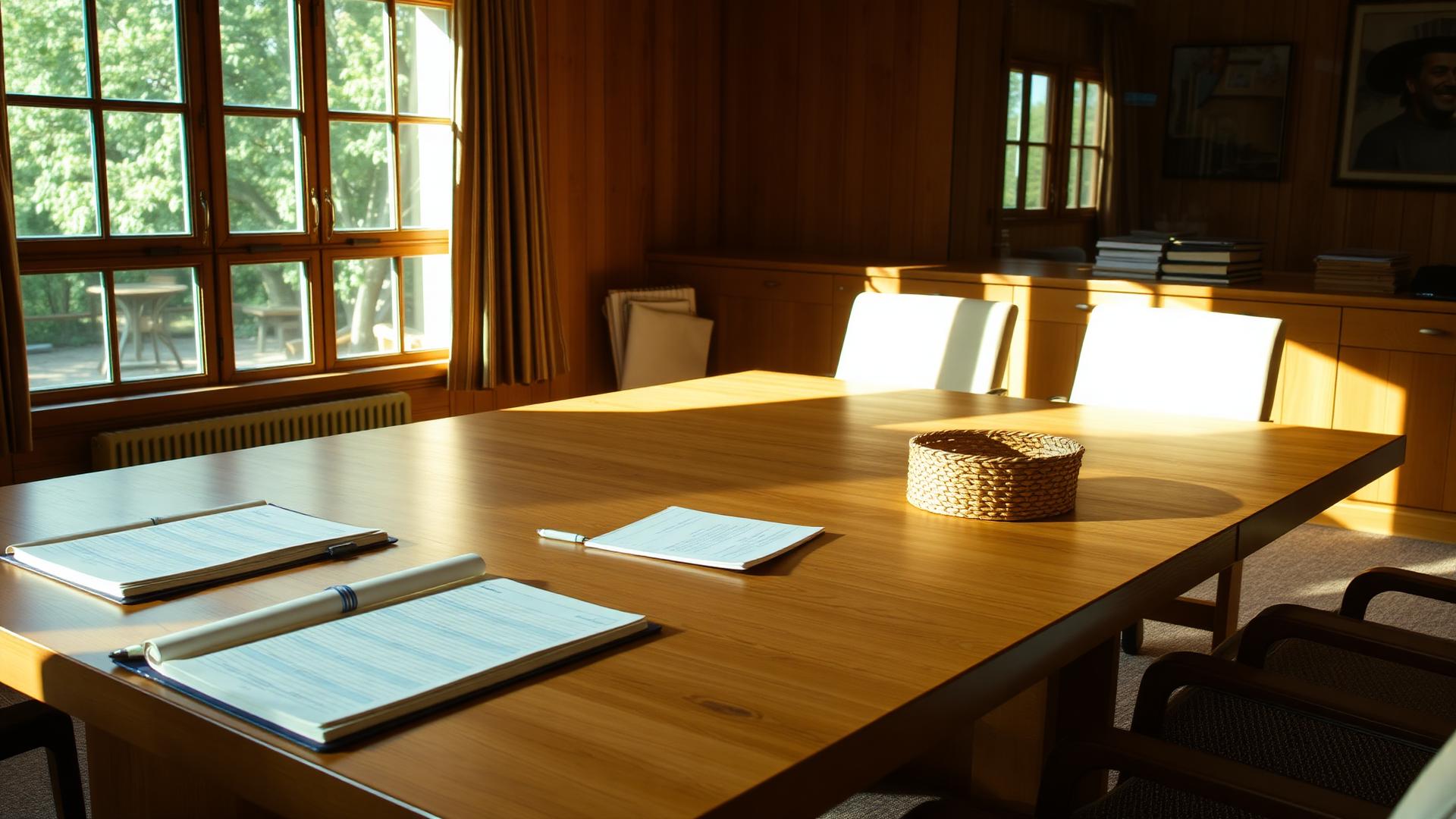 A warm, sunlit boardroom table with open notebooks, meeting materials, and a woven basket beside large windows